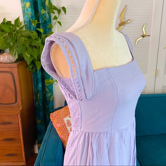 Entro | Layla Solid Smocked Cropped Jumpsuit Crochet Lilac Linen Purple Large - Picture 6 of 13